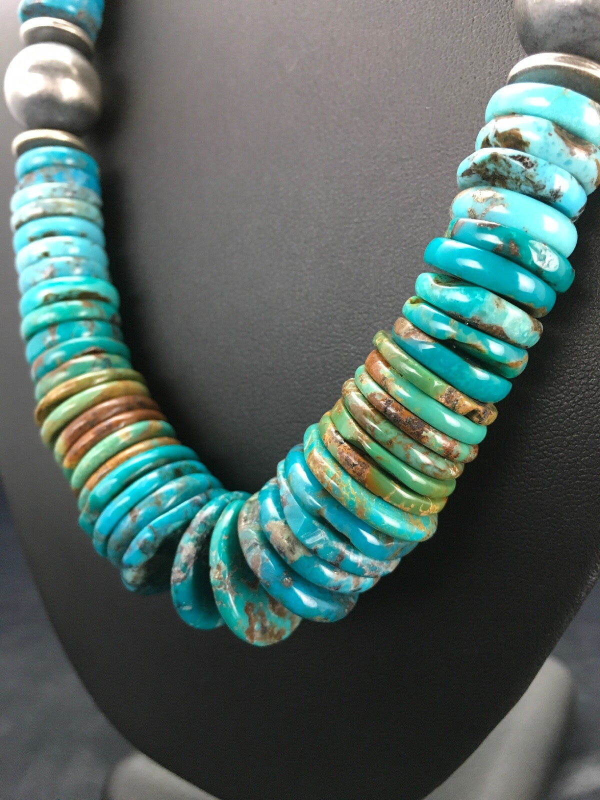 Blue Green Turquoise Navajo Sterling Silver Beads Necklace 02607