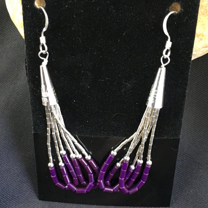 Purple Stone 3 Strands Heishi Liquid Sterling Silver Dangle Earrings 1997