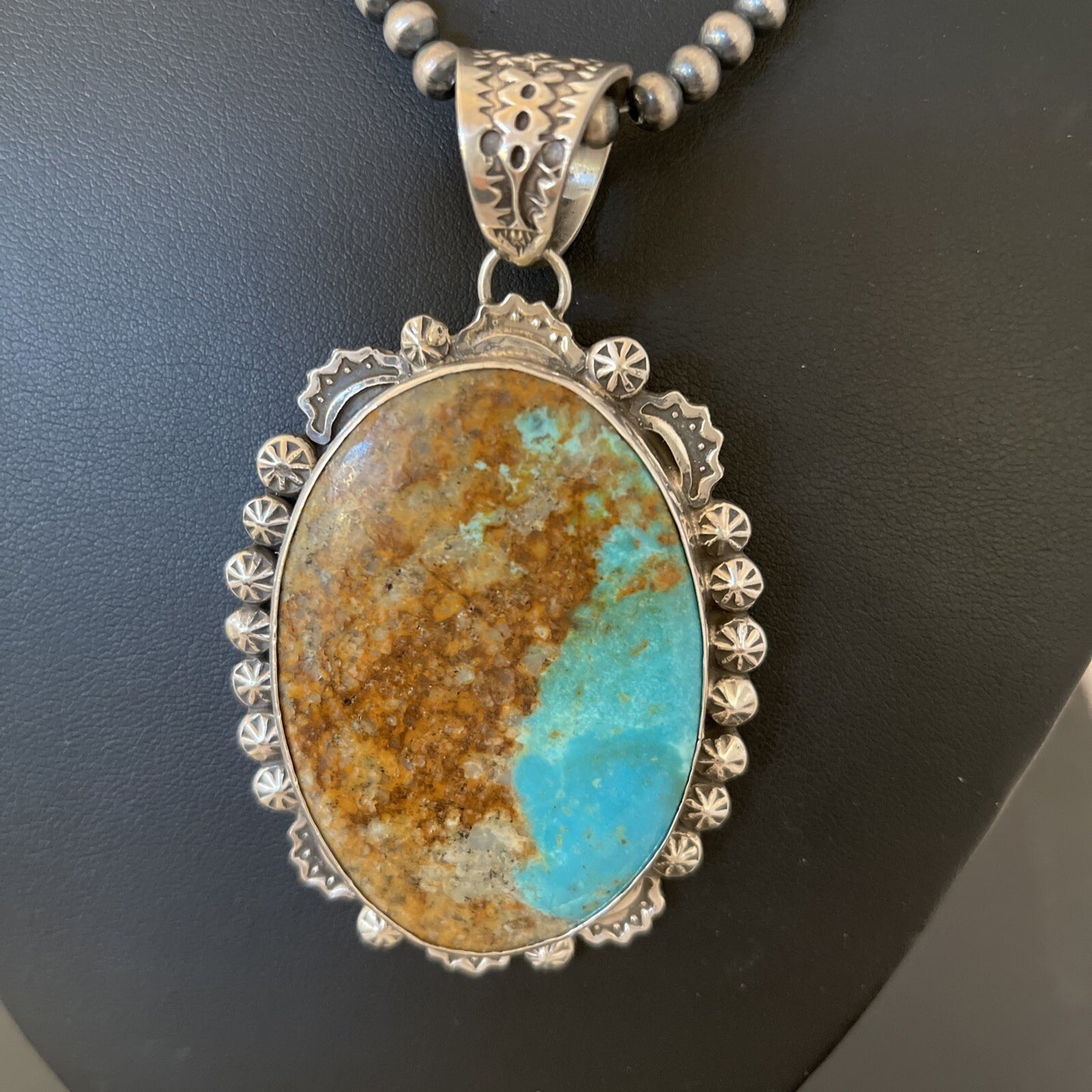 Blue Kingman Turquoise Pendant Navajo Pearls Sterling Silver Necklace 01310