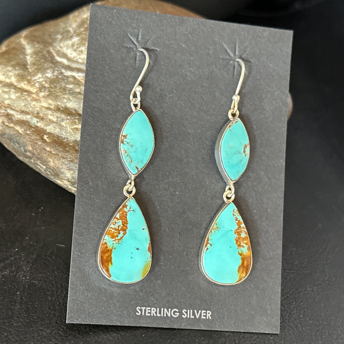 Blue Kingman Turquoise Navajo Sterling Silver Dangle Earrings 14577