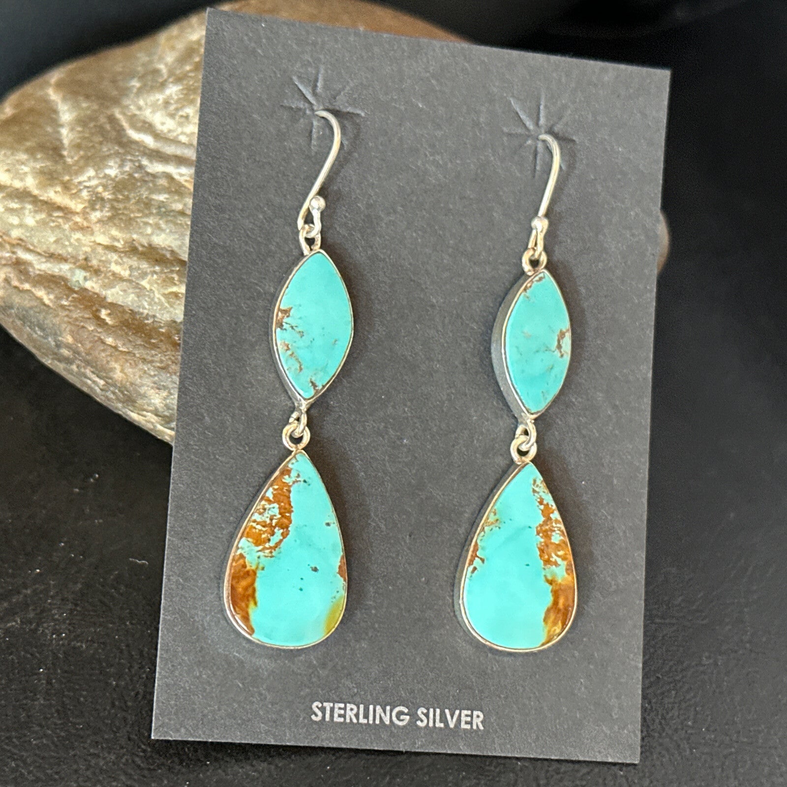Blue Kingman Turquoise Navajo Sterling Silver Dangle Earrings 14577