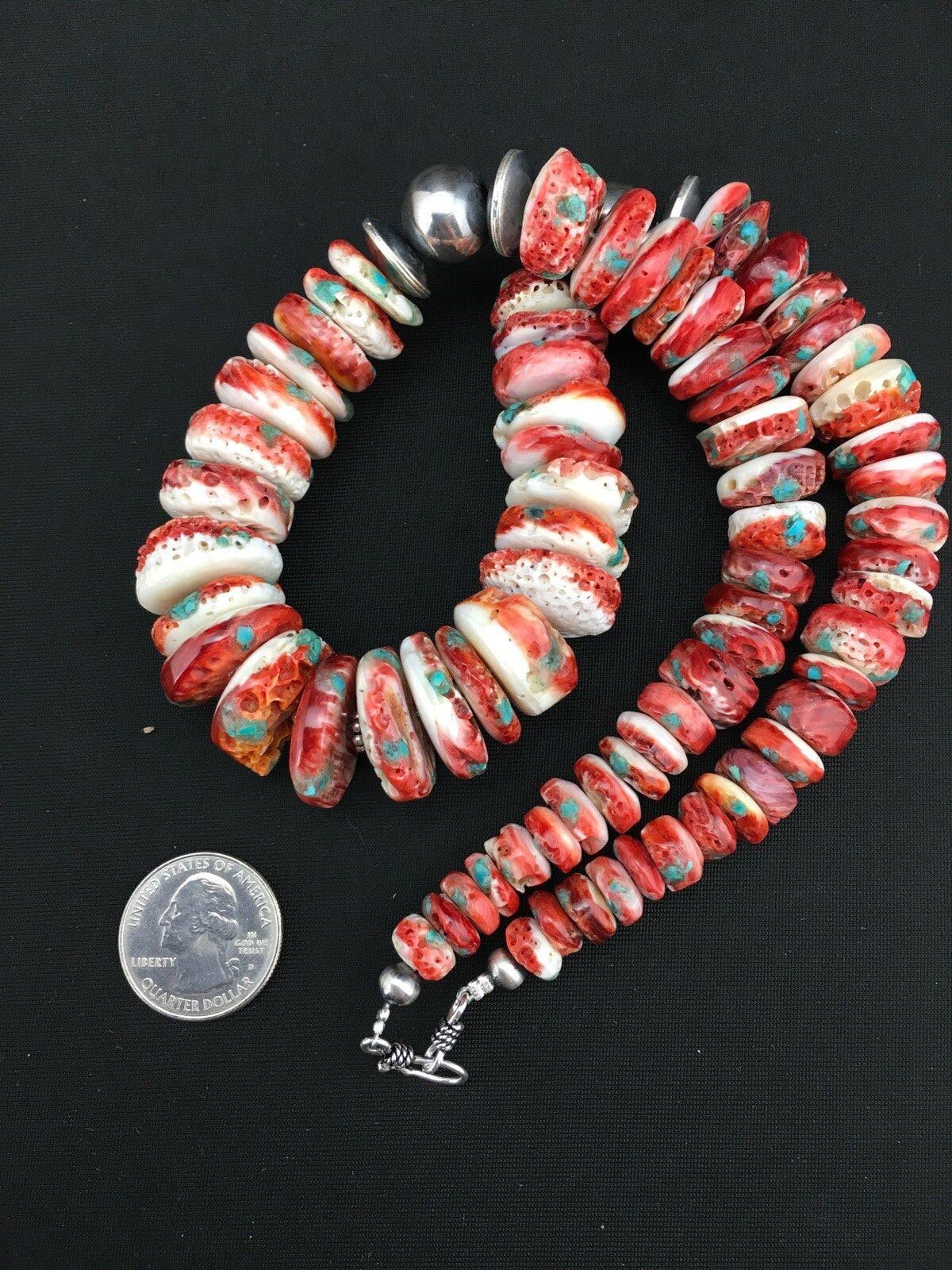 Native Spiny Oyster Graduated Navajo Sterling Silver Necklace 21" 04719