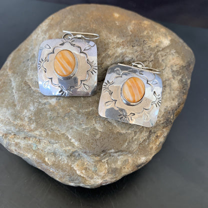 Gold Orange Spiny Oyster Navajo Sterling Silver Earrings 02076