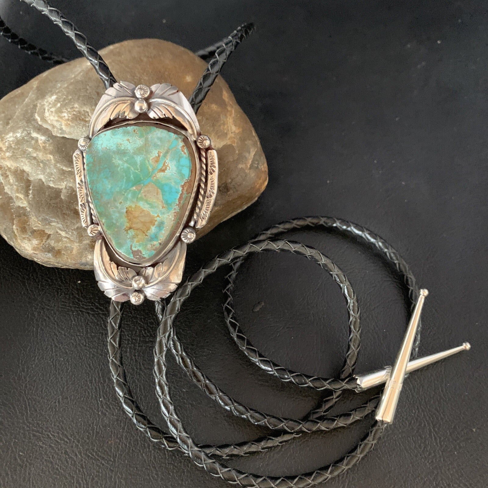 Native Mens Bolo Tie Green Royston Turquoise Sterling Silver Navajo 14108N