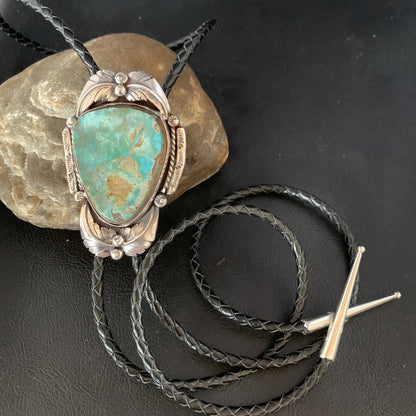 Native Mens Bolo Tie Green Royston Turquoise Sterling Silver Navajo 14108N