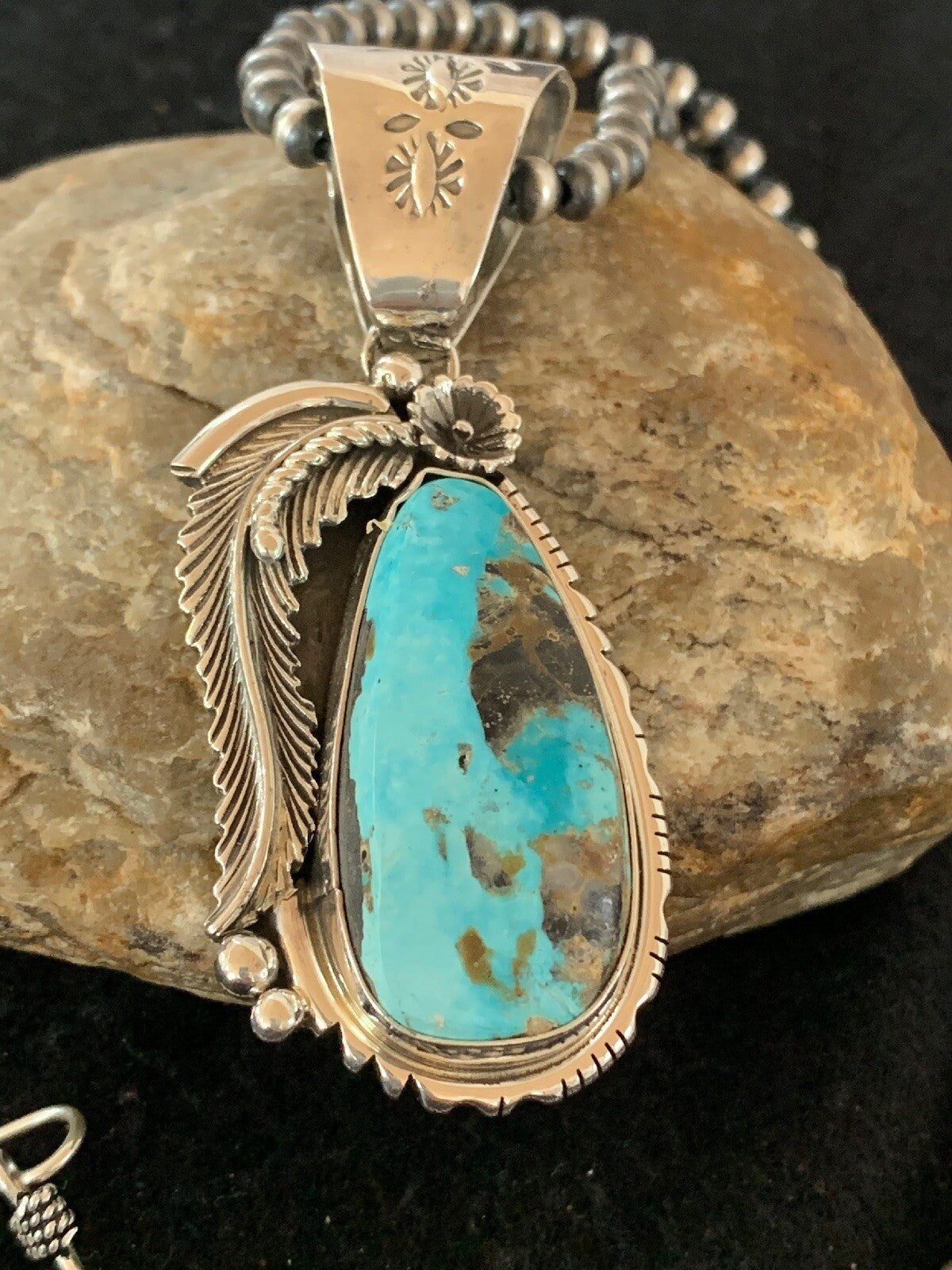 Mens Kingman Turquoise Pendant Navajo Pearls Sterling Silver Necklace 04301