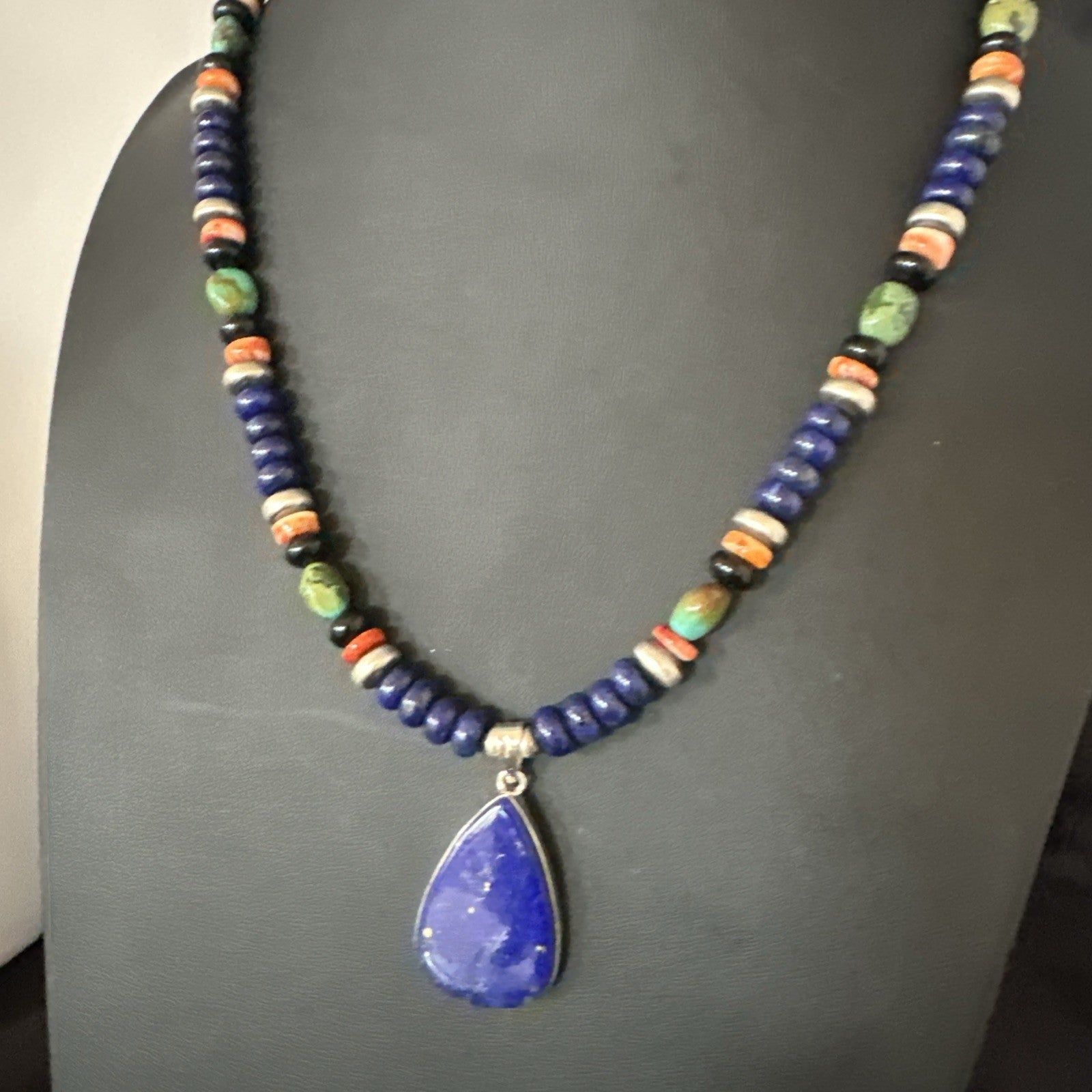 Lapis Turquoise Spiny Necklace Southwestern Sterling Silver Pendant 22” 19470