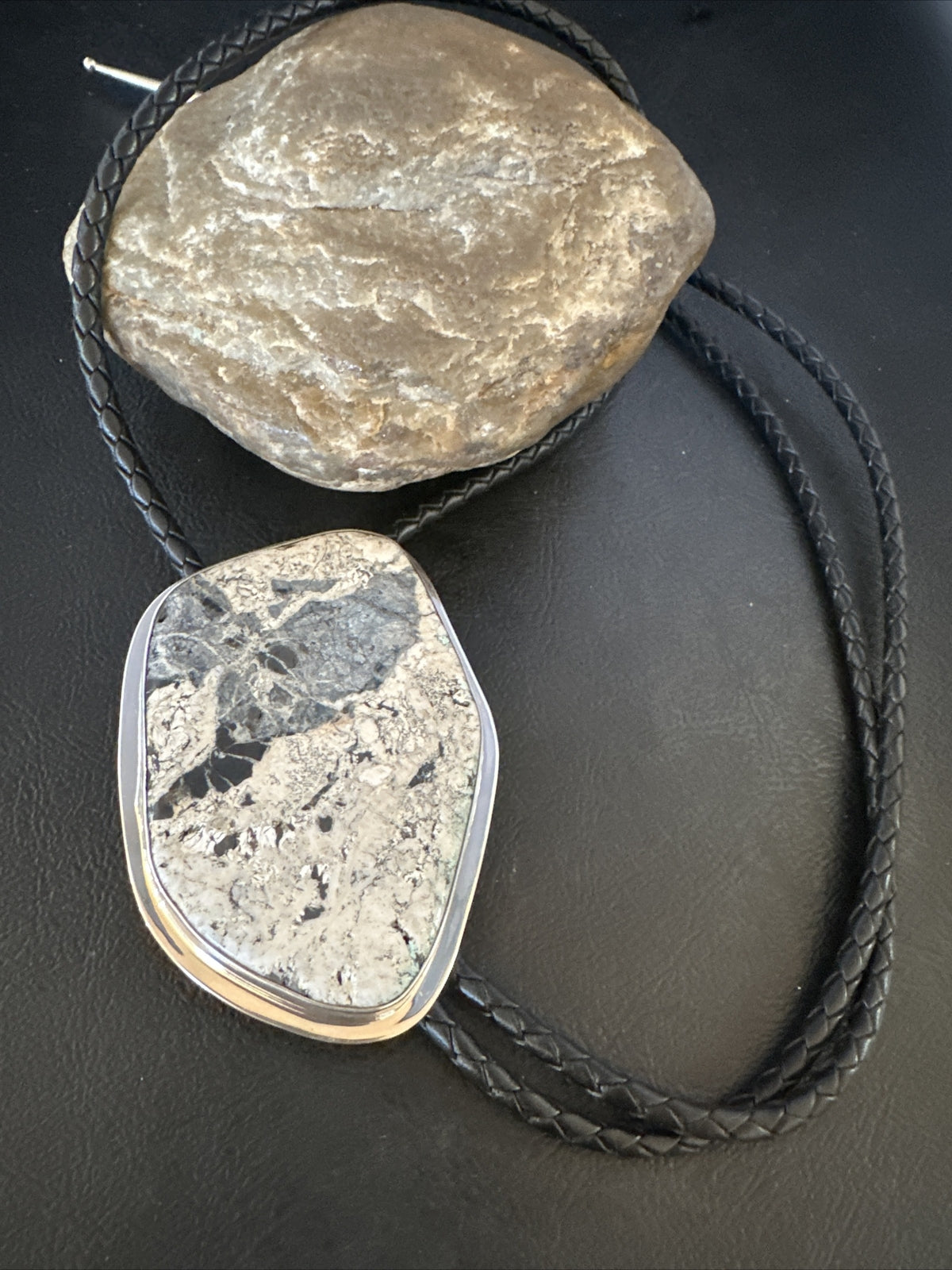 Mens BOLO TIE WHITE BUFFALO TURQUOISE Sterling Silver Navajo 3in 15004