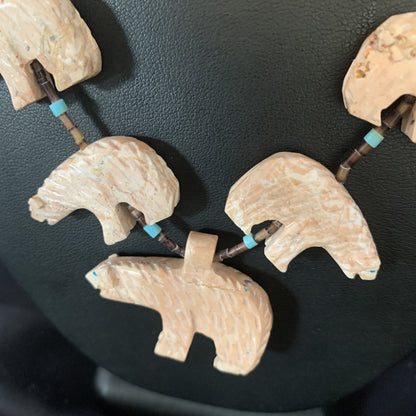 Bear Fetish Navajo Jasper Turquoise Sterling Silver Shell Necklace 28" 13419