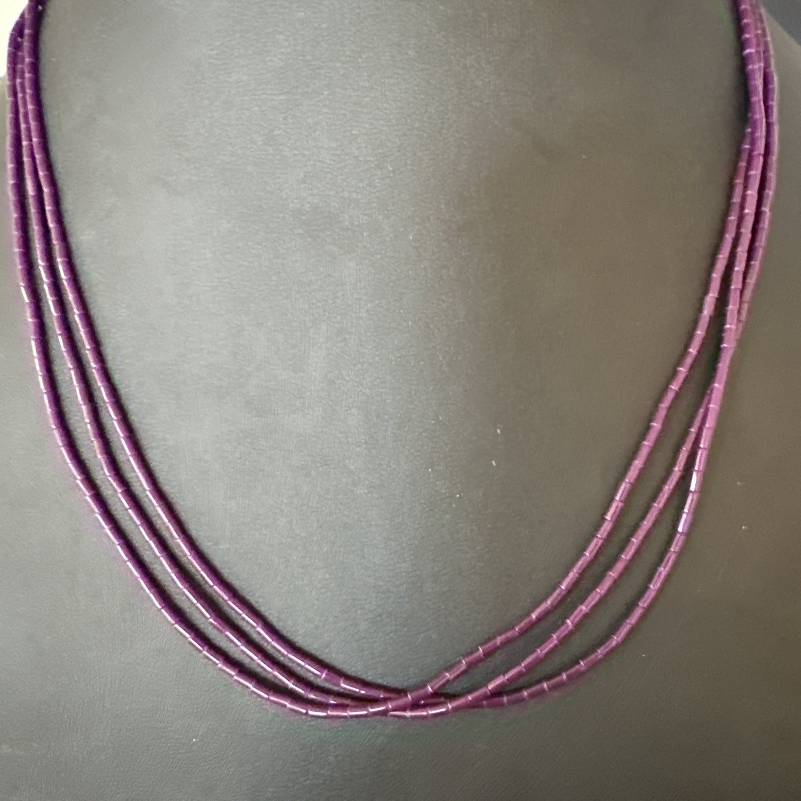 Purple Stone Heishi Bead Stabilized 3 Strand Sterling Silver Necklace 19702