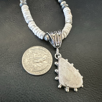 White Buffalo Turquoise Pendant Navajo Pearls Sterling Silver Necklace 22" 18258