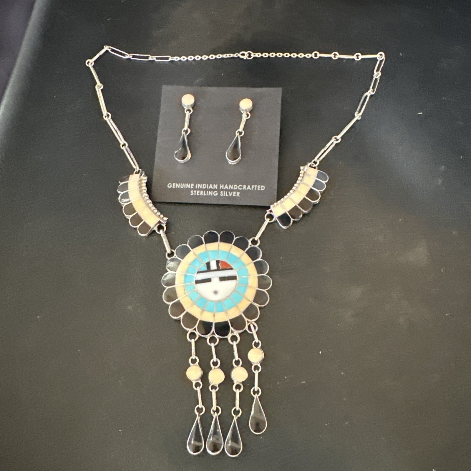 Sunface Spiny Onyx Turquoise Zuni Sterling Silver Necklace 18" Earrings 19115