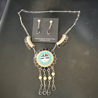 Sunface Spiny Onyx Turquoise Zuni Sterling Silver Necklace 18" Earrings 19115