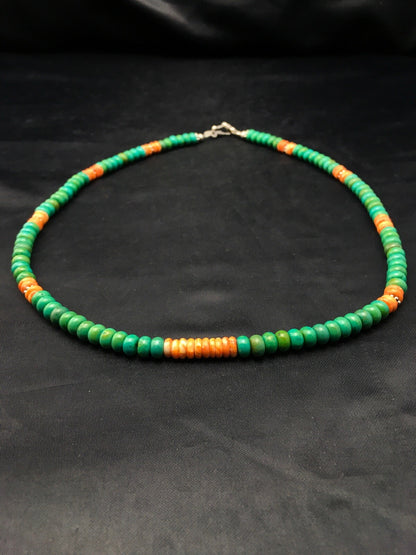 Green Turquoise & Spiny Oyster Navajo Sterling Silver Necklace 19" 04488