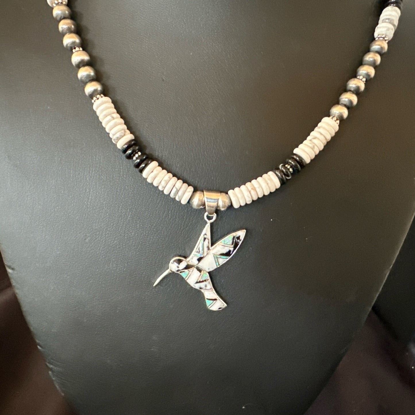 HummingBird White Buffalo Pendant Howlite Sterling Silver Necklace 18727