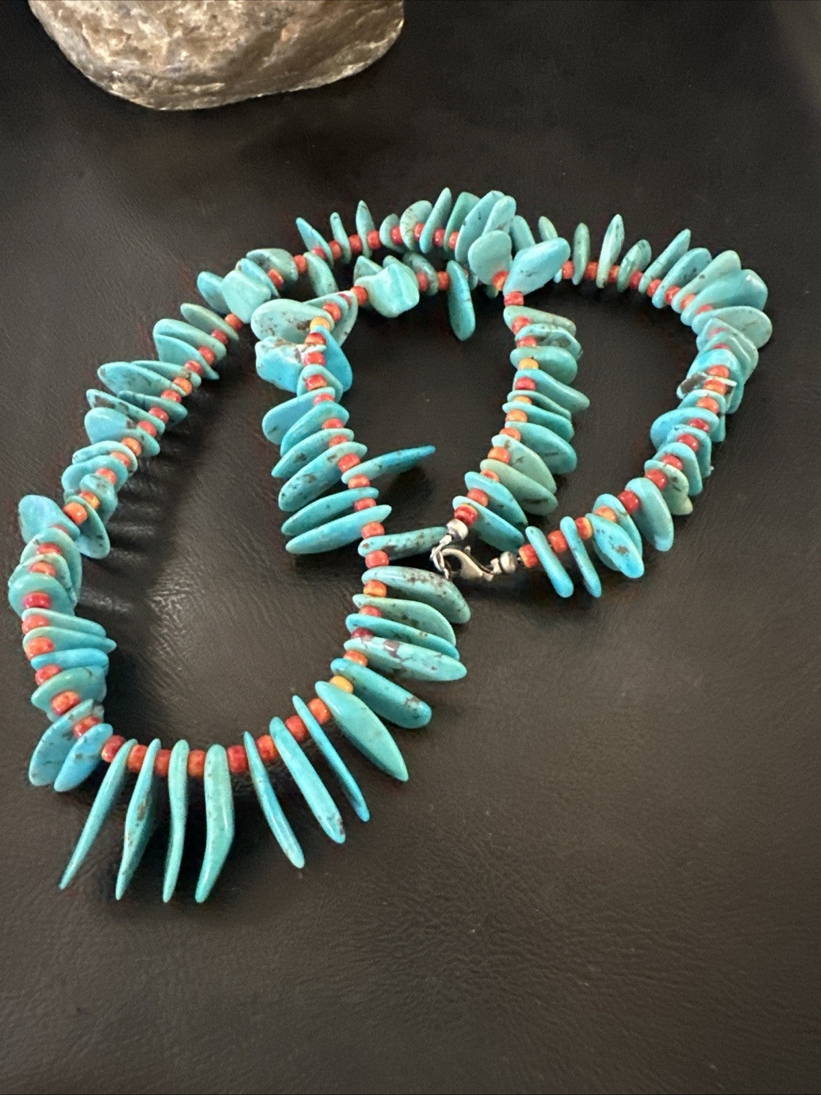 Large Blue Turquoise Red Spiny Navajo Pearls Sterling Silver Necklace 21" 19319