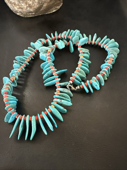 Large Blue Turquoise Red Spiny Navajo Pearls Sterling Silver Necklace 21" 19319