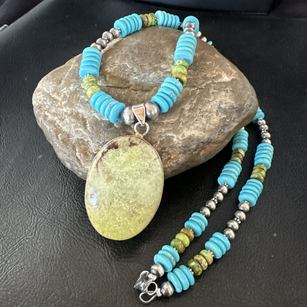 Green Gaspeite Pendant Blue Turquoise Navajo Necklace 20" | Sterling Silver | Authentic Native American Handmade | 19666