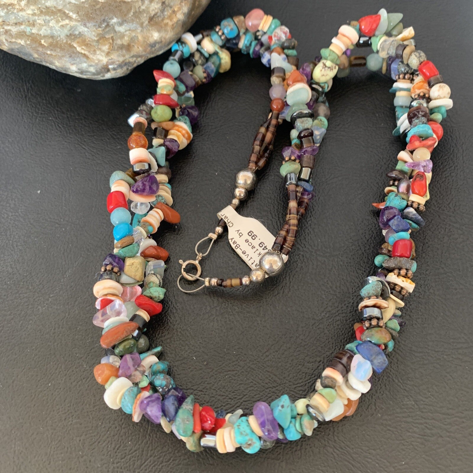 Turquoise & Coral 3 Strand Navajo Bead Sterling Silver Necklace 22” 10402