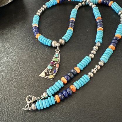 Multicolor Turquoise Spiny Navajo Sterling Silver Cluster Pendant Necklace 19650