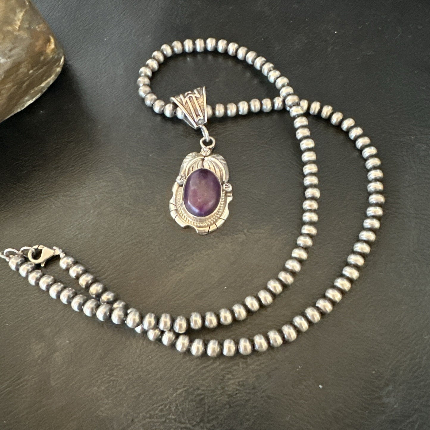 Purple Stone Pendant Navajo Pearls Sterling Silver Necklace 20” 18403