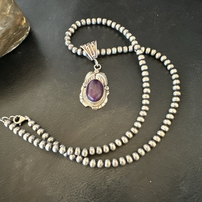 Purple Stone Pendant Navajo Pearls Sterling Silver Necklace 20” 18403