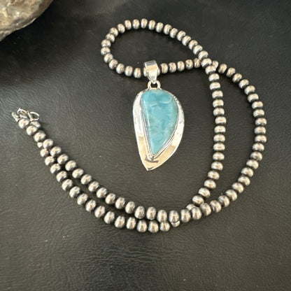 Womens Blue Larimar Pendant Navajo Sterling Silver Beads Necklace 17716