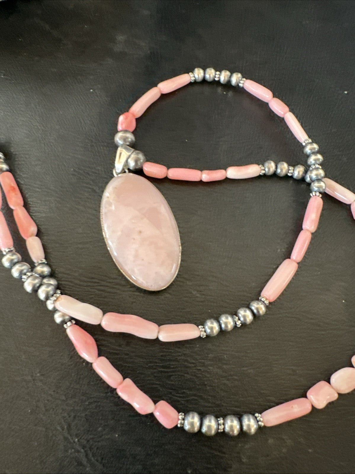 Southwestern Sterling Silver Pink Coral Bead Necklace Quartz Pendant 24" 19586