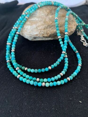 Navajo Blue Turquoise 4mm Bead 3 Strand Necklace Sterling Silver 4827