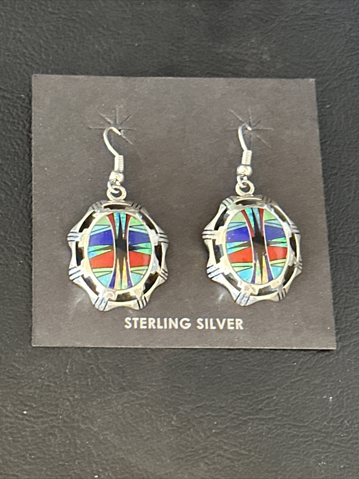Blue Turquoise & Spiny Oyster Navajo Sterling Silver Inlay Earrings 1” 14763