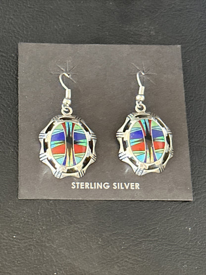 Blue Turquoise & Spiny Oyster Navajo Sterling Silver Inlay Earrings 1” 14763