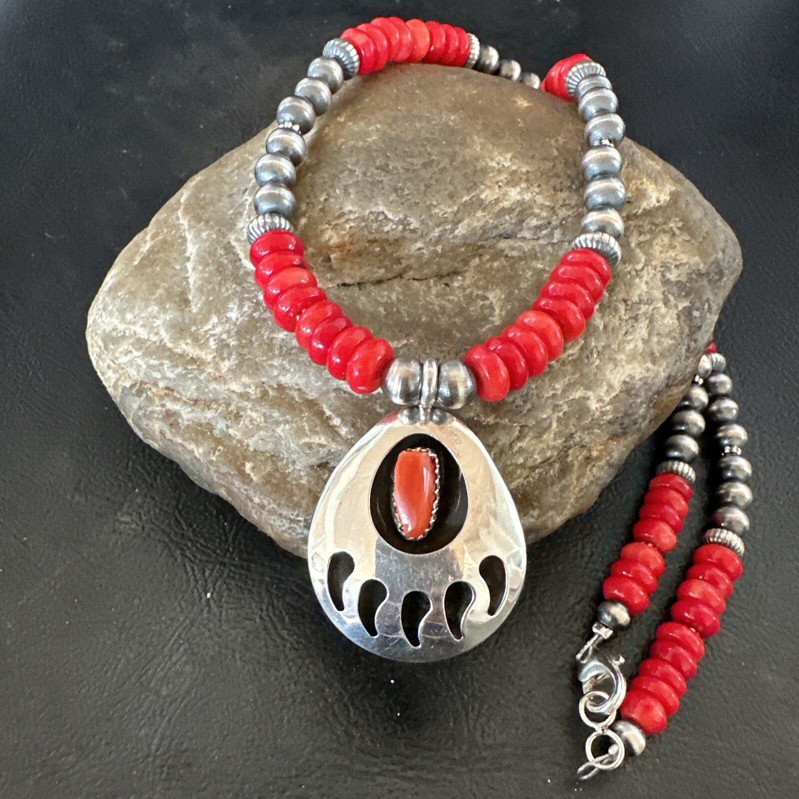 Mens Red Coral BearPaw Pendant Navajo Pearls Sterling Silver Necklace 17883