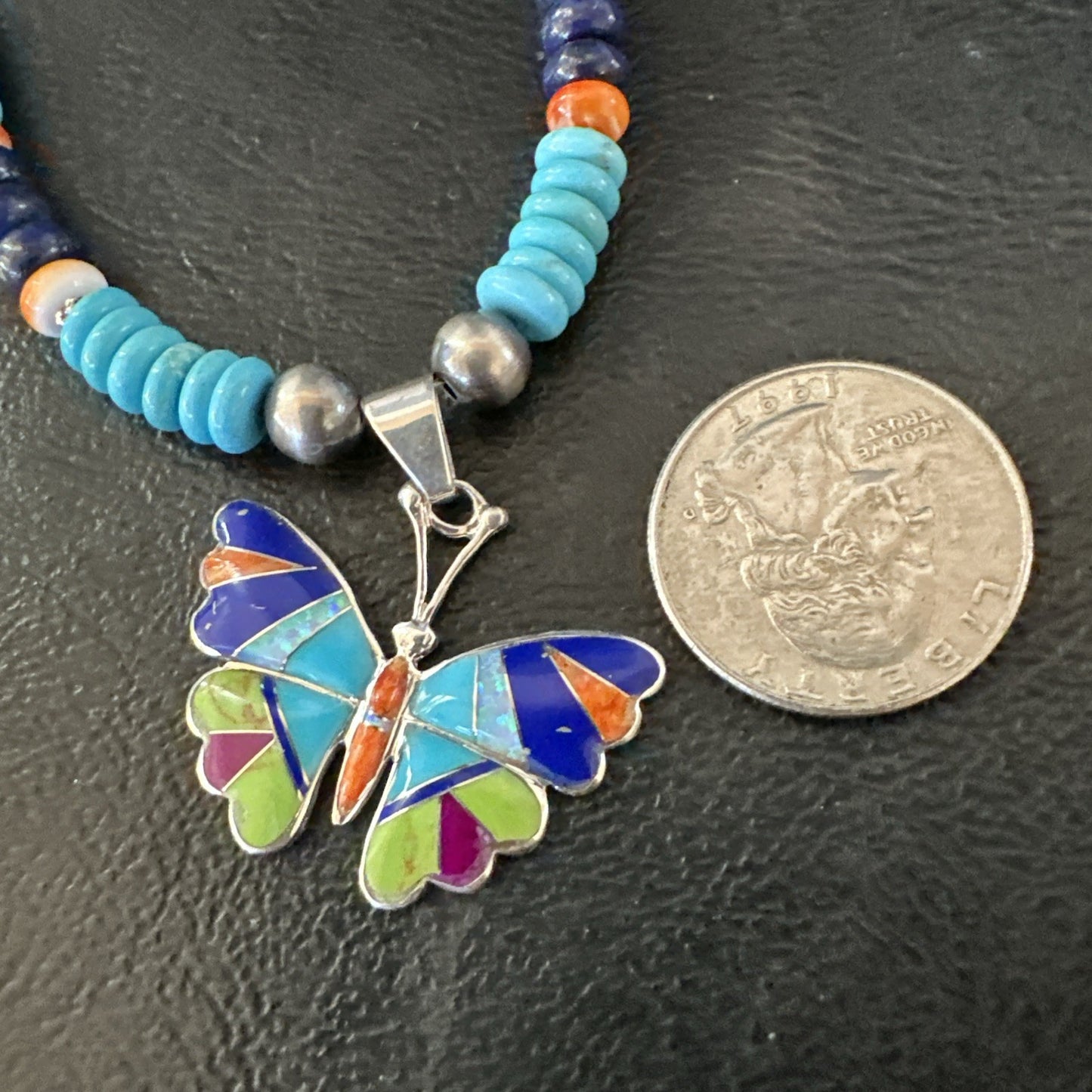 Butterfly Multicolor Turquoise Pendant Navajo Sterling Silver Necklace 19652
