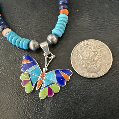 Butterfly Multicolor Turquoise Pendant Navajo Sterling Silver Necklace 19652