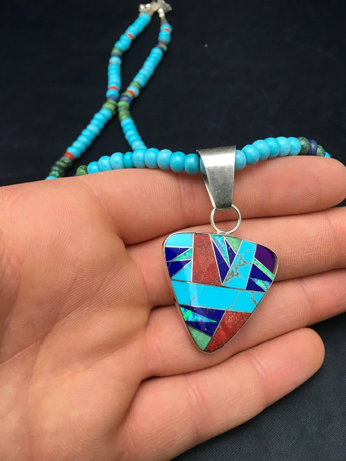 Blue Turquoise Pendant Navajo Sterling Silver Necklace 21" 4277