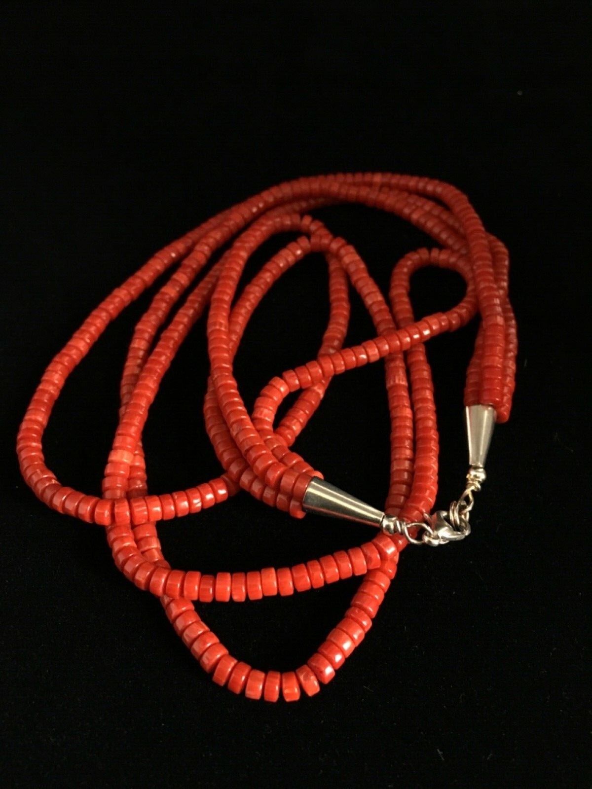 Red Coral Stabilized 3 Strands Navajo Sterling Silver Heishi Necklace 01778