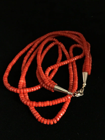 Red Coral Stabilized 3 Strands Navajo Sterling Silver Heishi Necklace 01778