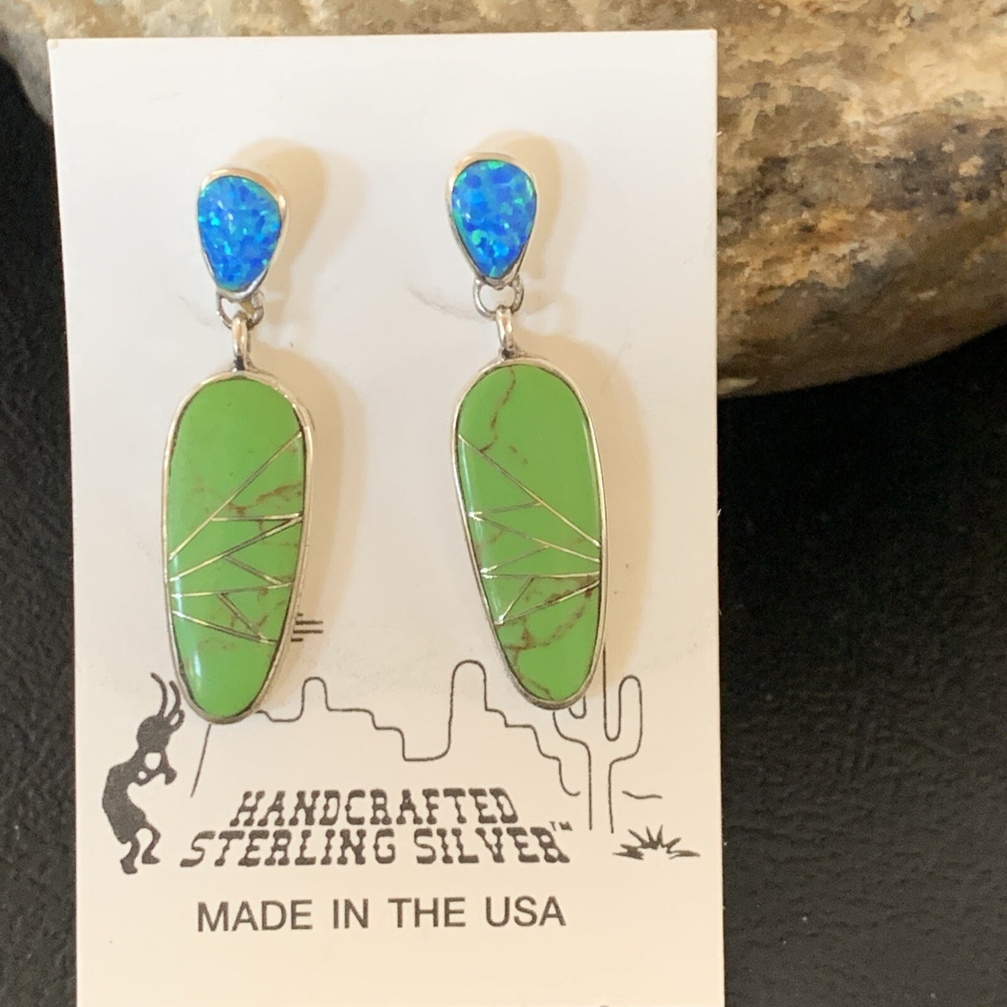 Green Gaspeite Opal Navajo Sterling Silver Inlay Earrings 1.25" 19177