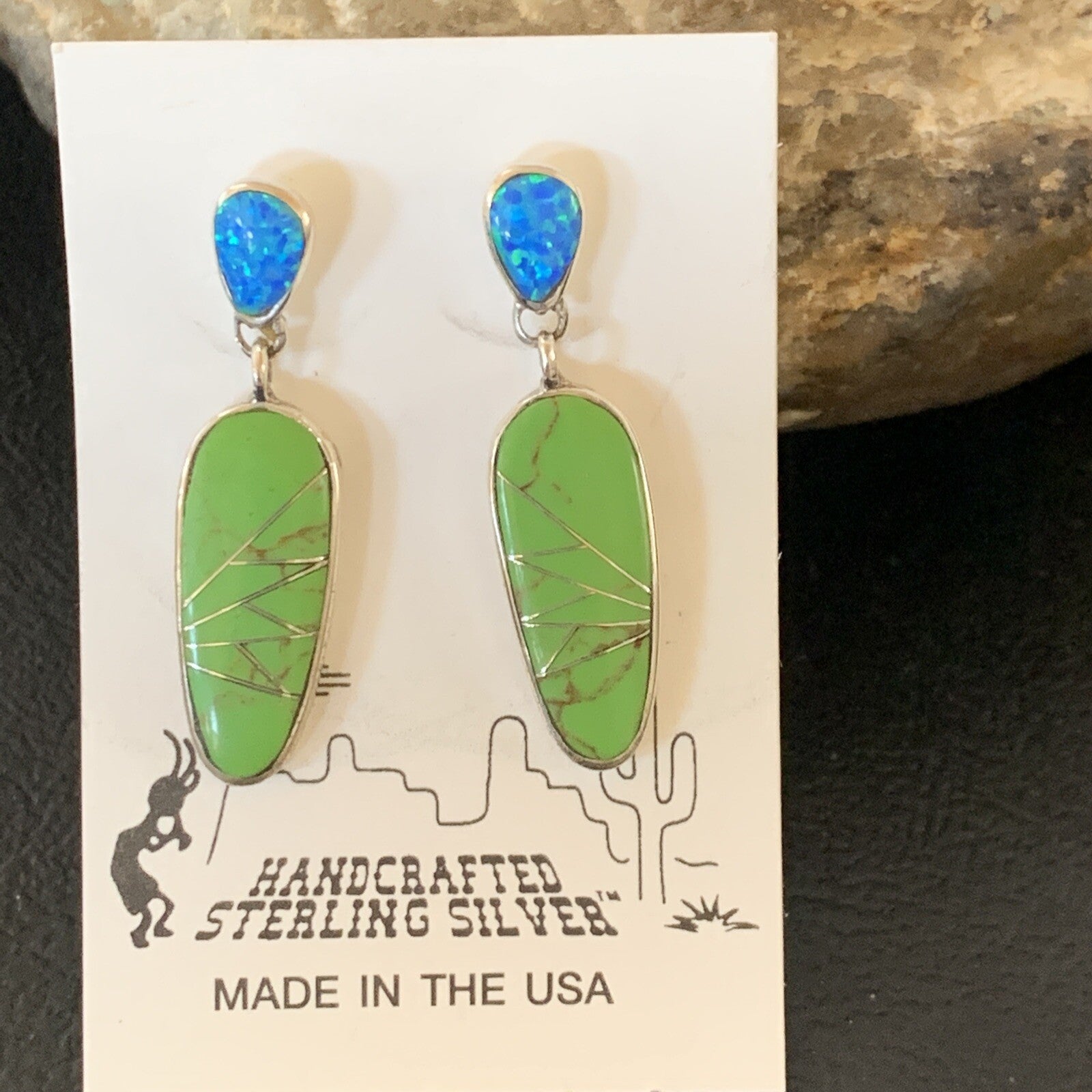 Green Gaspeite Opal Navajo Sterling Silver Inlay Earrings 1.25" 19177