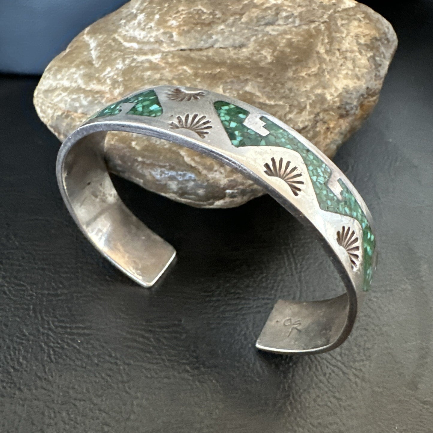 Navajo Old Pawn Sterling Handmade Blue Turquoise Chip Inlay Bracelet 18122