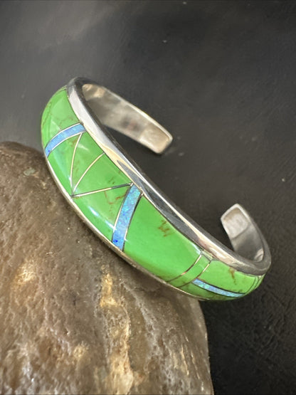 Womens Green Gaspeite Inlay Cuff Bracelet 7.05” Sterling Silver 19153