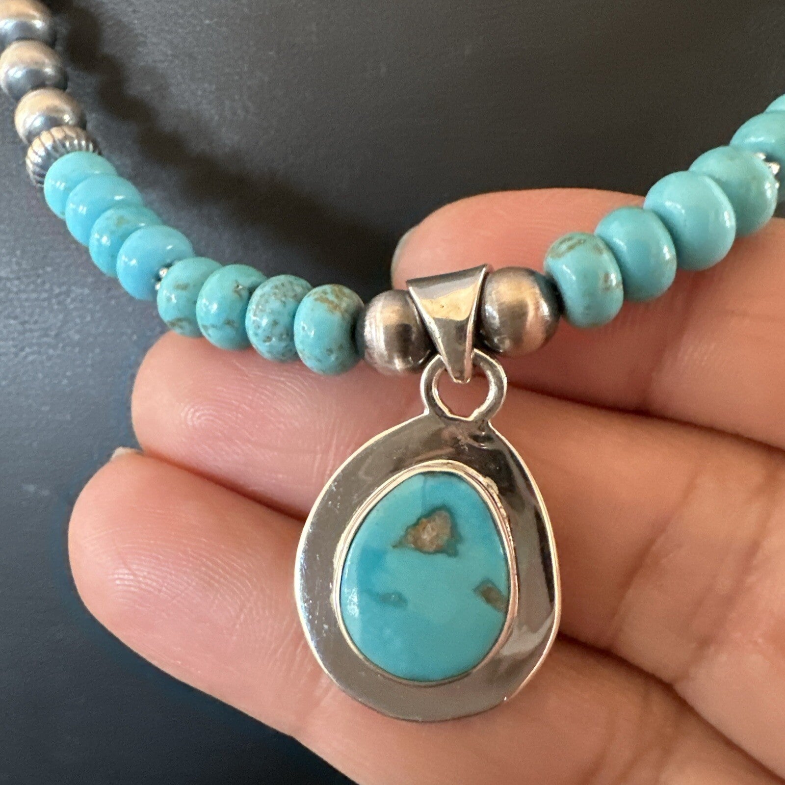 Mens Blue Kingman Turquoise Pendant Navajo Sterling Silver Necklace 21" 17903