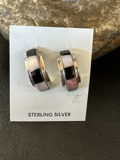 Pink Queen Conch Black Onyx Sterling Silver Post  Inlay Hoop Earrings 19819