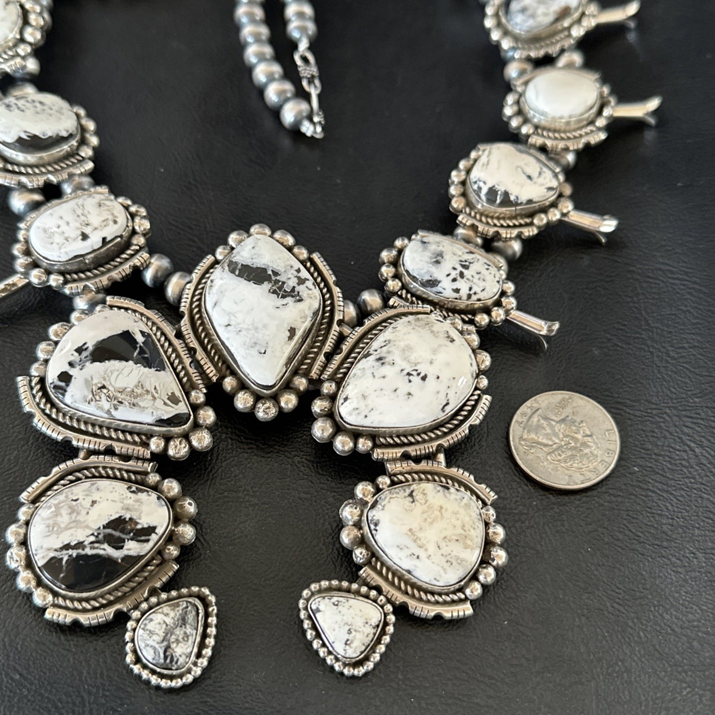 White Buffalo Turquoise Pendant Navajo Sterling Silver Squash Necklace 19305