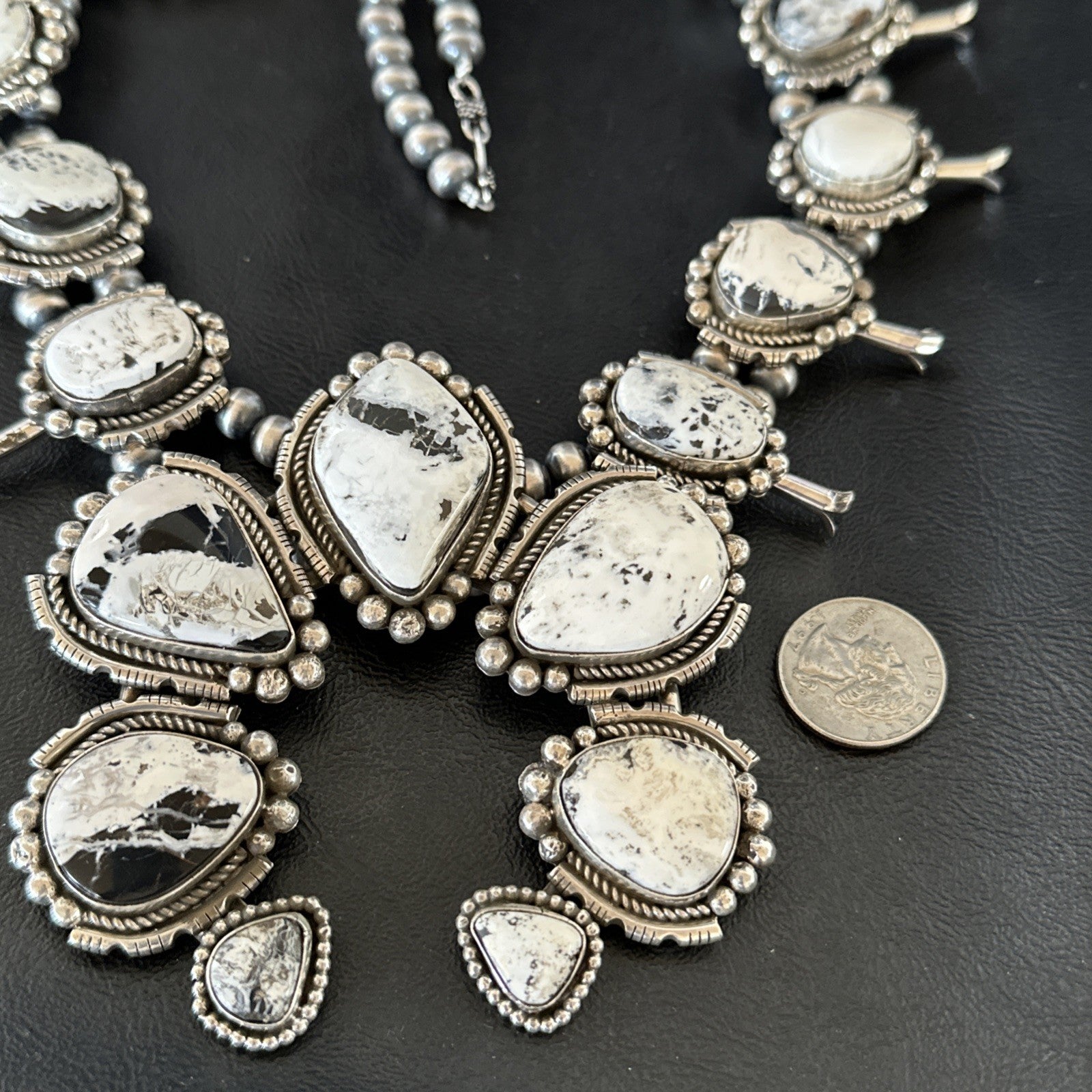White Buffalo Turquoise Pendant Navajo Sterling Silver Squash Necklace 19305