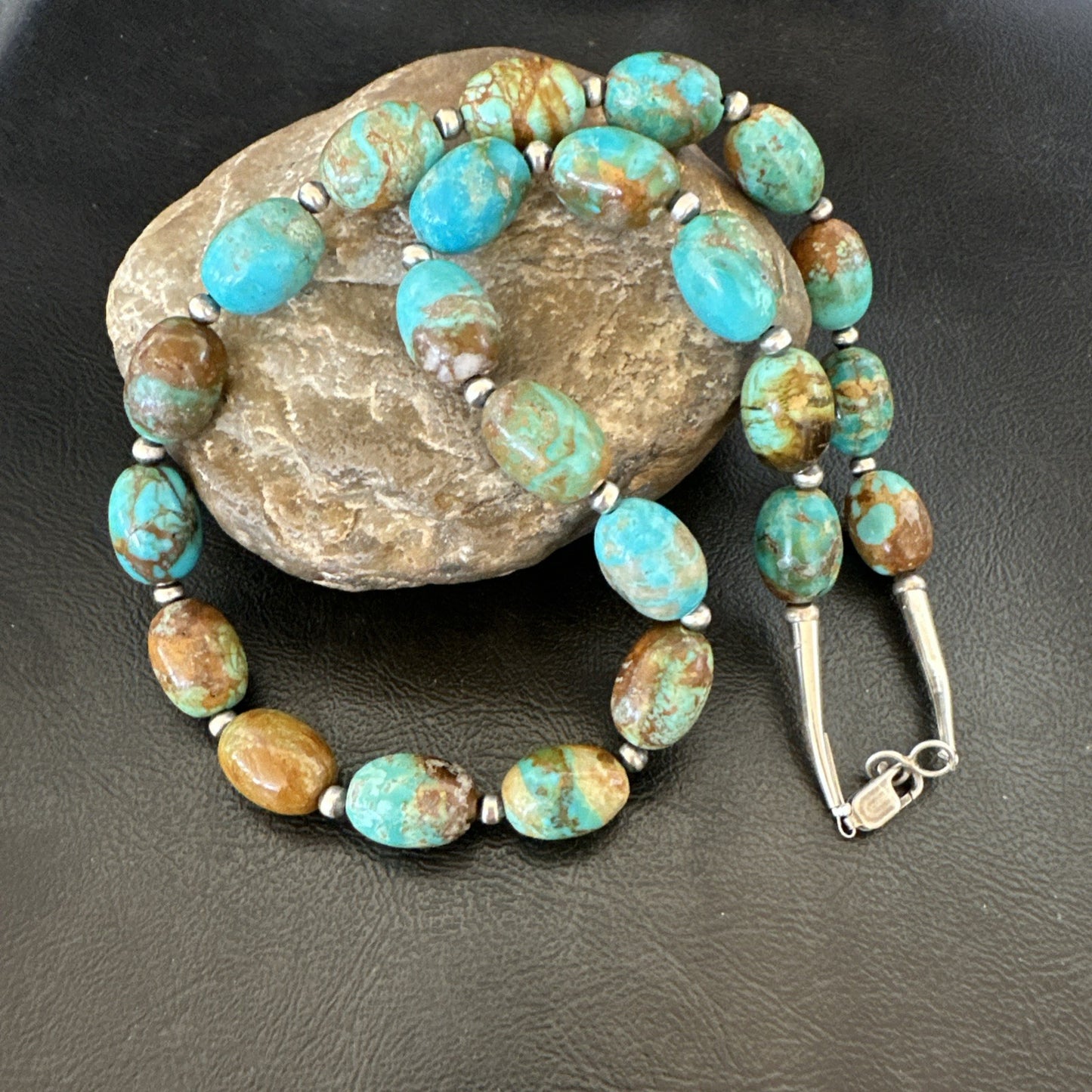 Green Blue Royston Turquoise Navajo Sterling Silver Beads Necklace 20" 19563
