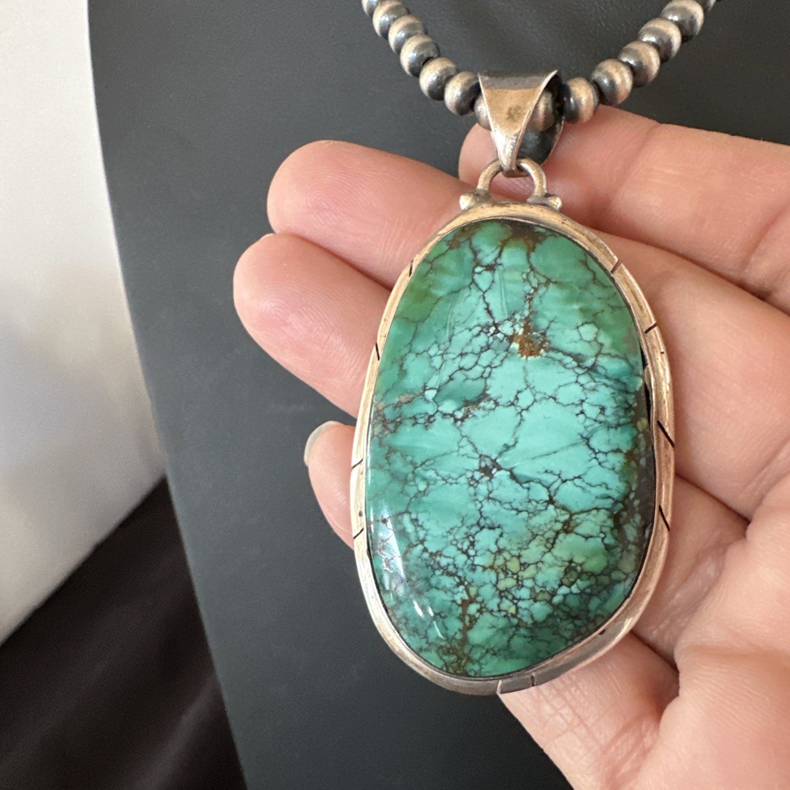 Blue  Green Spiderweb Turquoise Pendant  Sterling Silver Beads Necklace 19494