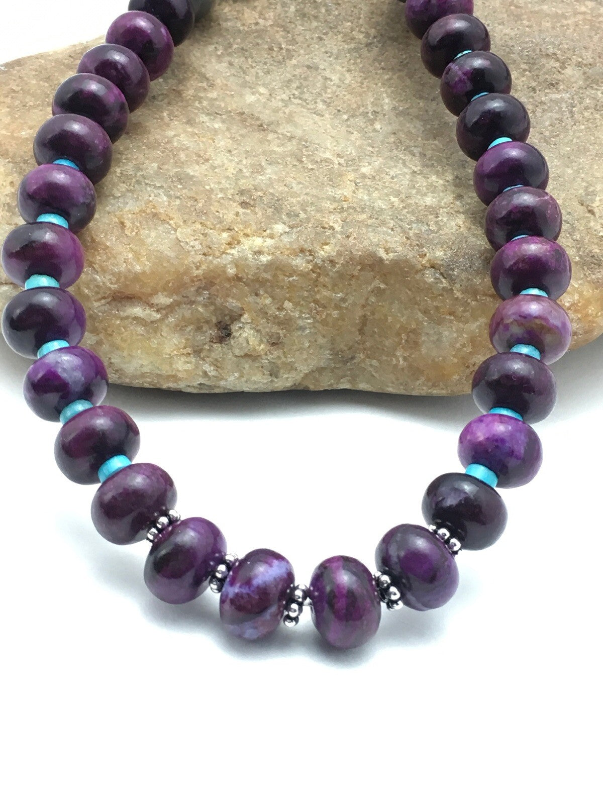 Purple Stone & Turquoise Bead Navajo Indian Sterling Necklace 27" 04061