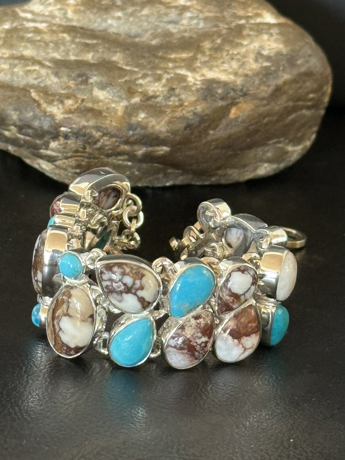 WoMen Blue Wild Horse Turquoise Sterling Silver Southwestern Link Bracelet 17973