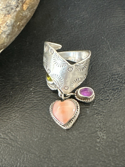 Heart Pink Conch Cluster Spiny Stamped Ring Adjustable Navajo Sz 7.5 19202